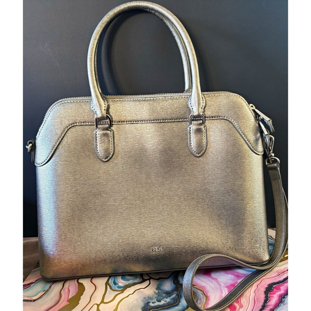 Ralph Lauren Metallic Pewter Silver Genuine Leather Bag Dual Handles Excellent